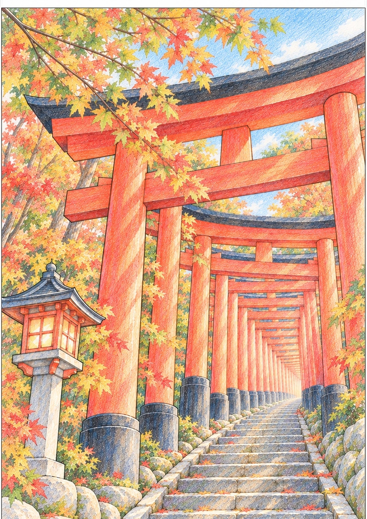Fushimi Inari colored pencil coloring example