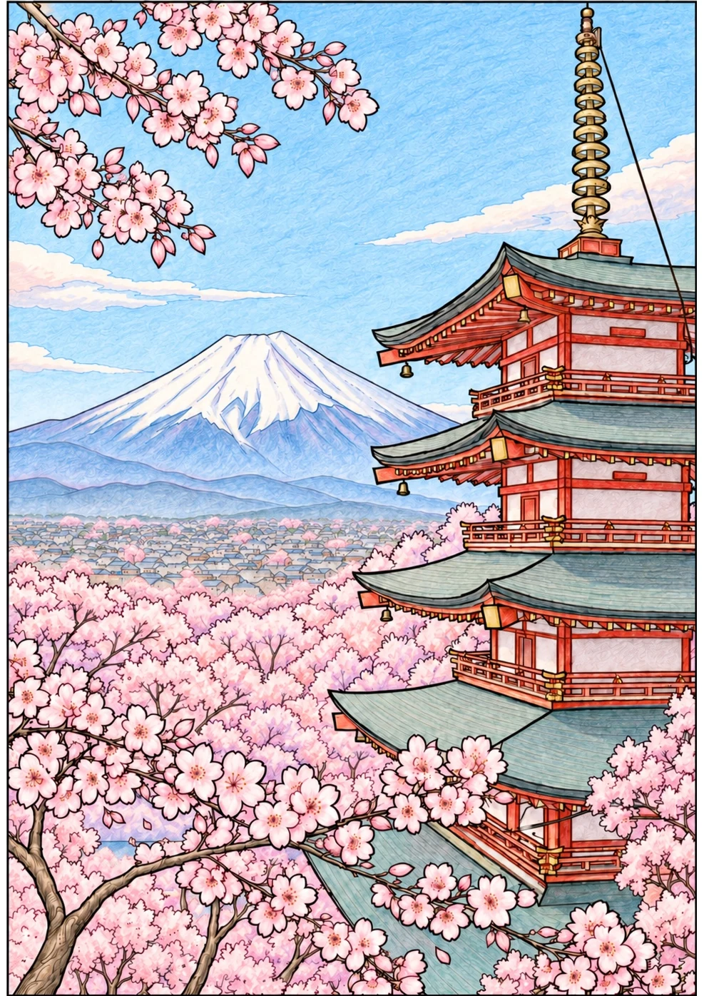Mount Fuji & Pagoda colored pencil coloring example