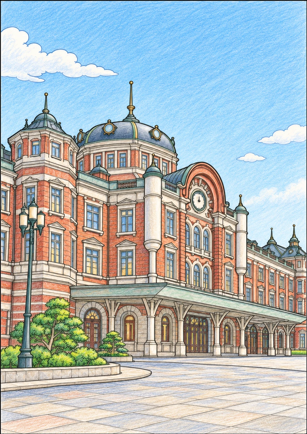 Tokyo Station colored pencil coloring example