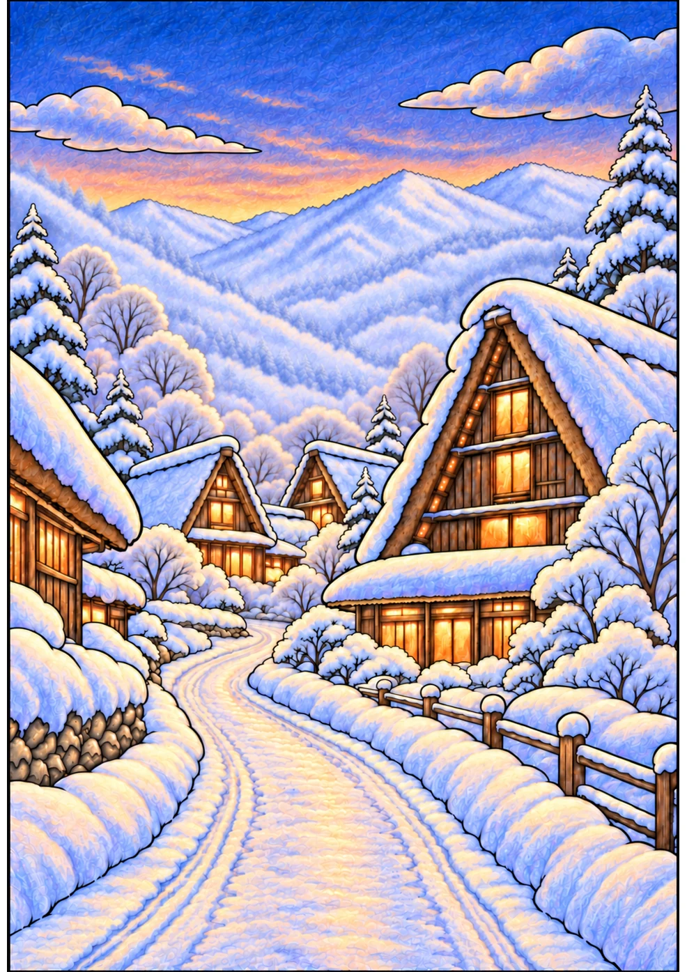 Shirakawa-go colored pencil coloring example
