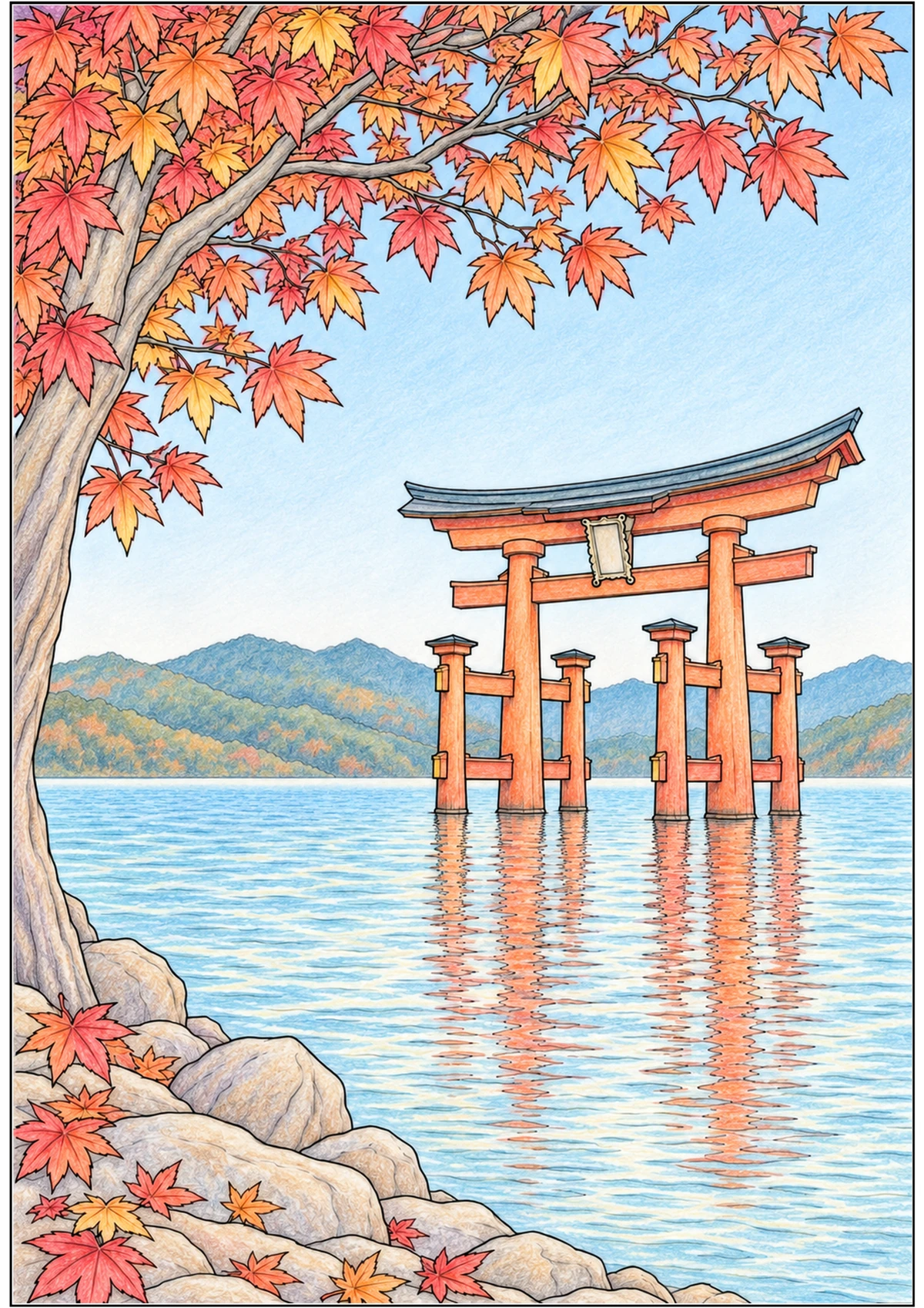 Miyajima colored pencil coloring example
